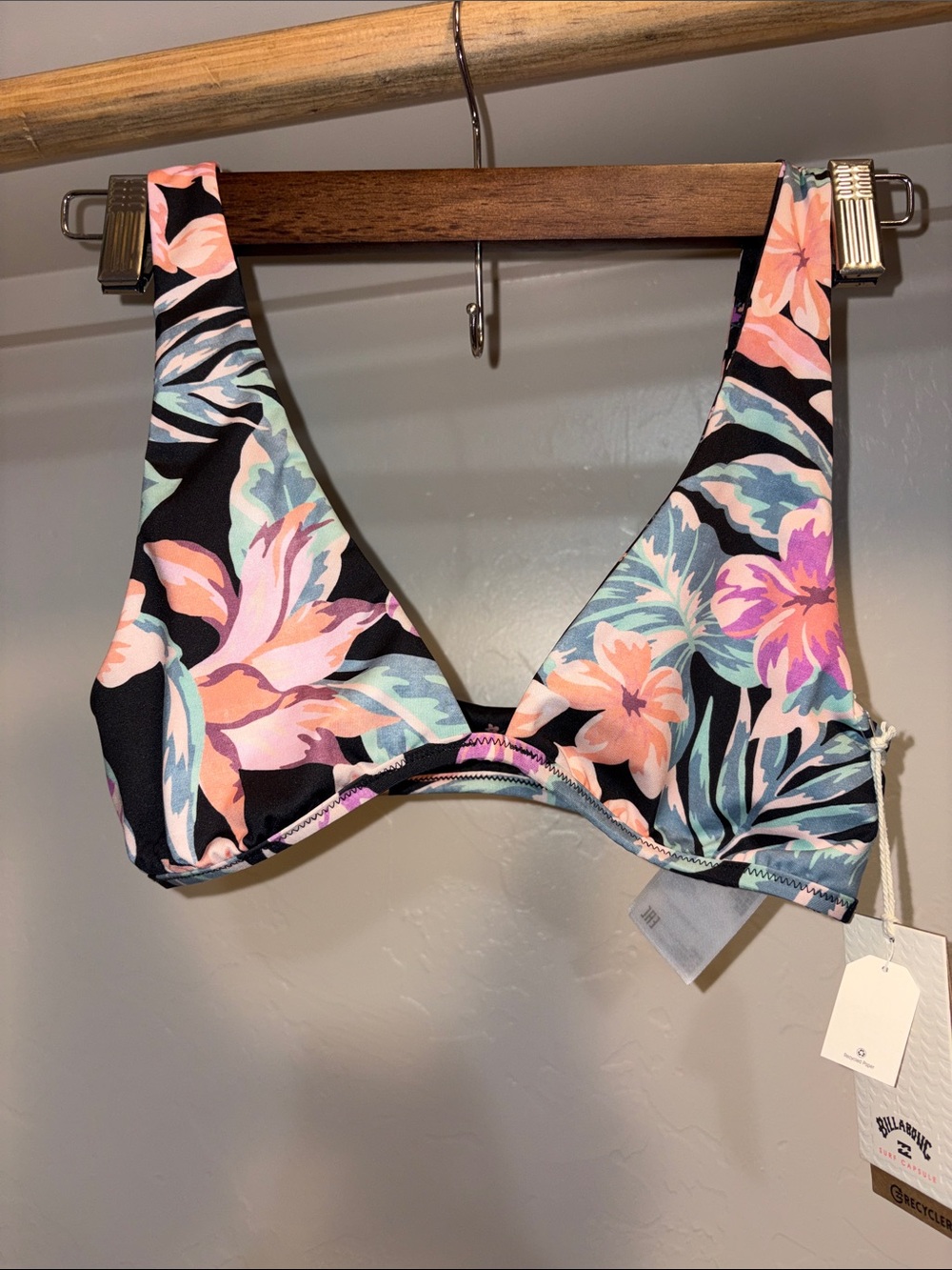 Billabong Black Floral V‑Neck Bikini Top with Pink, Peach & Teal Accents